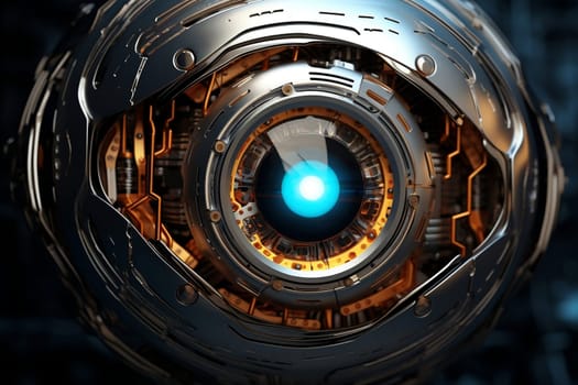 Eye pupil of a robot, cybernetic eye. Futuristic eye of robot. AI. Human android cyborg eye futuristic control protection personal internet security access