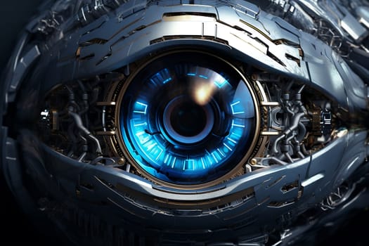 Eye pupil of a robot, cybernetic eye. Futuristic eye of robot. AI. Human android cyborg eye futuristic control protection personal internet security access