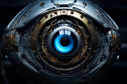 Eye pupil of a robot, cybernetic eye. Futuristic eye of robot. AI. Human android cyborg eye futuristic control protection personal internet security access