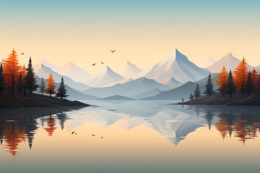 Illustration of stunning landscape minimalism art. Purple colors, sunset. View of the lake and mountains. Generative ai.