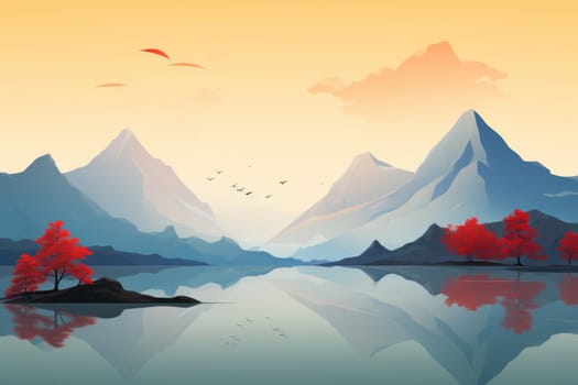 Illustration of stunning landscape minimalism art. Purple colors, sunset. View of the lake and mountains. Generative ai.