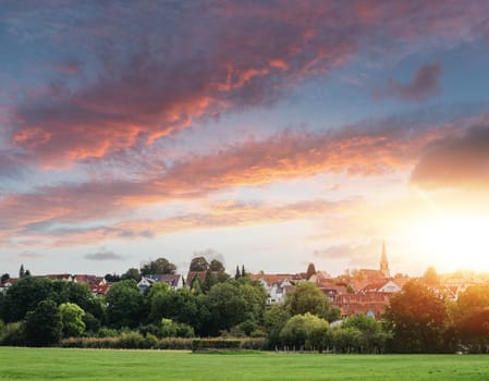 Freiberg am Neckar On the Sunset. Small European town in Baden Wurttemberg, Germany, Europe. Nekar river, southwestern Germany,