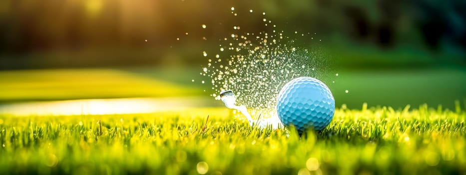 golf ball hitting the lawn causes a splash of water drops, sunset, made with Generative AI. High quality illustration