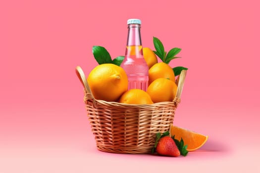 Basket with fresh lemonade bottles and citrus fruit on minimal colorful background, AI Generated