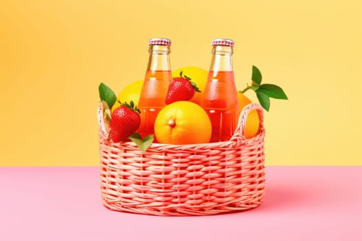 Basket with fresh lemonade bottles and citrus fruit on minimal colorful background, AI Generated