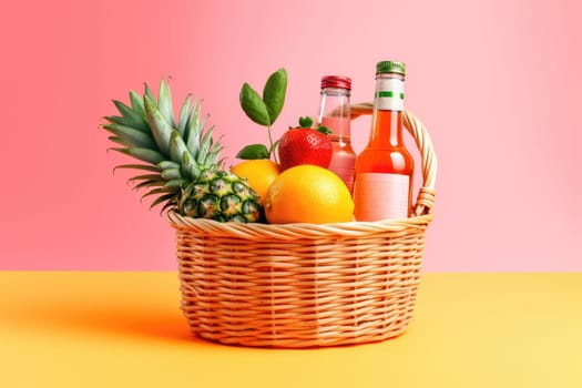 Basket with fresh lemonade bottles and citrus fruit on minimal colorful background, AI Generated