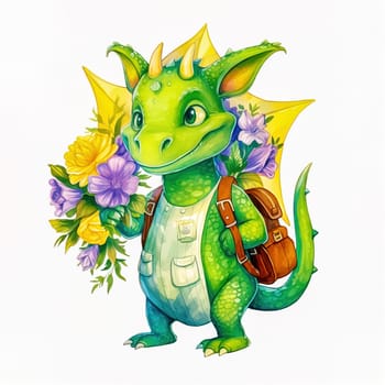 A cheerful dragon with a bouquet goes to school. The concept of the beginning of the school year. Generative AI. High quality illustration