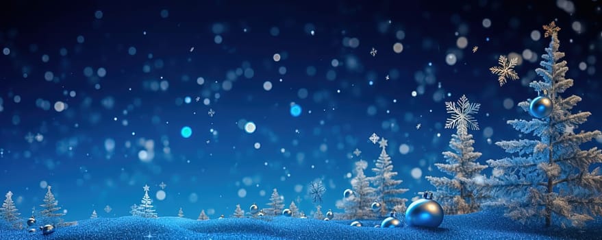 Snowy, blue Christmas background. Gentle flying snow. Generative AI. High quality illustration