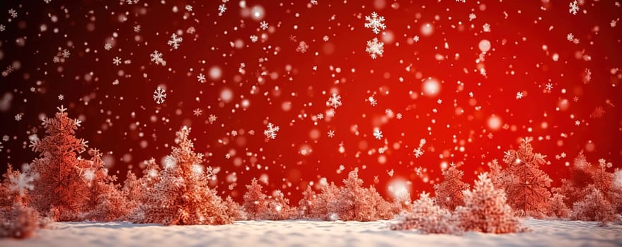 Snowy, red Christmas background. Gentle flying snow. Generative AI. High quality illustration