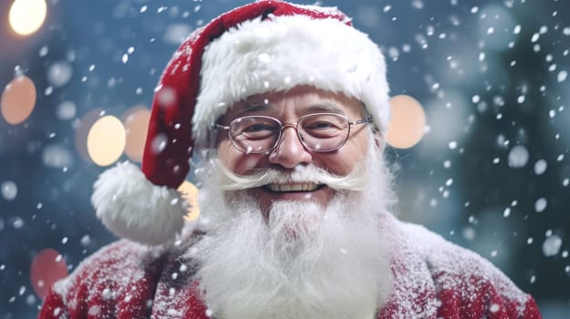 Happy Santa Claus outdoors in snowfall hands crossed. Generative Ai.