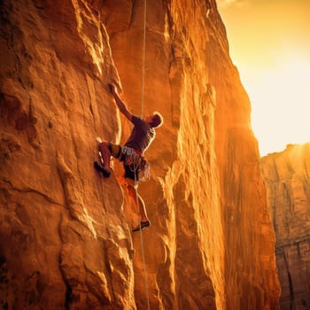 Rock climber photo realistic illustration - Generative AI. Man, climb, rock, rope.