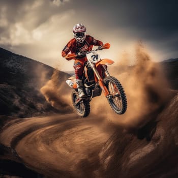 Motocross rider photo realistic illustration - Generative AI. Man, helmet, motorbike, dust.