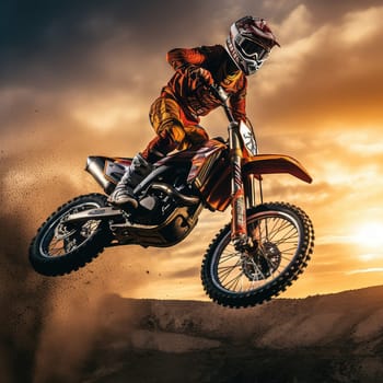 Motocross rider photo realistic illustration - Generative AI. Man, helmet, motorbike, dust.