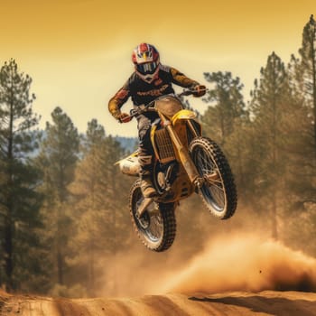 Motocross rider photo realistic illustration - Generative AI. Man, helmet, motorbike, dust.