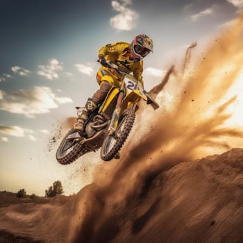 Motocross rider photo realistic illustration - Generative AI. Man, helmet, motorbike, dust.