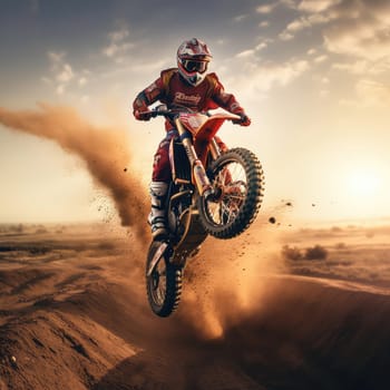 Motocross rider photo realistic illustration - Generative AI. Man, helmet, motorbike, dust.