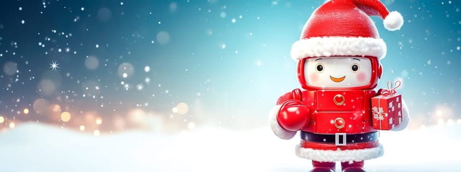 Santa Claus toy in the Christmas winter snowy landscape, banner made with Generative AI. High quality illustration