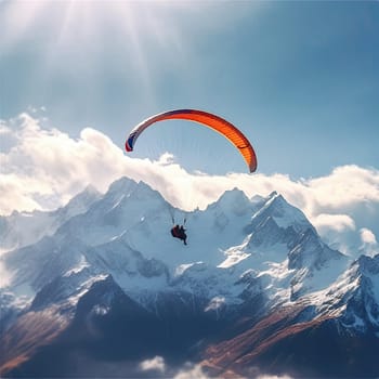 Paraglider soaring photo realistic illustration - Generative AI. Paraglider, man, flying, mountain.