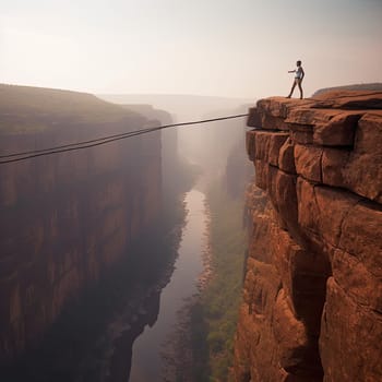 Slackliner balancing on a rope photo realistic illustration - Generative AI. Man, slackliner, rope, cliff, river.