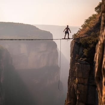 Slackliner balancing on a rope photo realistic illustration - Generative AI. Man, slackliner, rope, cliff, river.