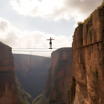 Slackliner balancing on a rope photo realistic illustration - Generative AI. Man, slackliner, rope, cliff, river.