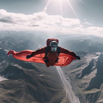 Wingsuit flyer photo realistic illustration - Generative AI. Man, wingsuit, mountain, sky.