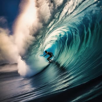 Surfer riding photo realistic illustration - Generative AI. Man, surfer, water, wave.