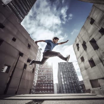 Parkour athlete photo realistic illustration - Generative AI. Man, parkour, jump, building.