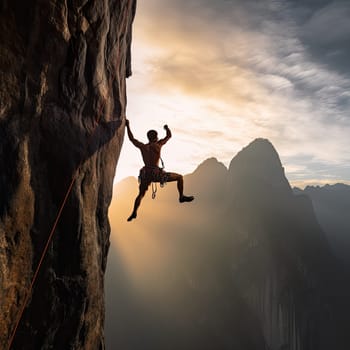 Free solo climber photo realistic illustration - Generative AI. Man, climber, rope, rock.