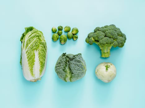 Different types of cabbage - broccoli, brussles sprout, napa cabbage, kohlrabi