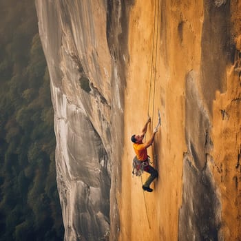 Free solo climber photo realistic illustration - Generative AI. Man, climber, rope, rock.