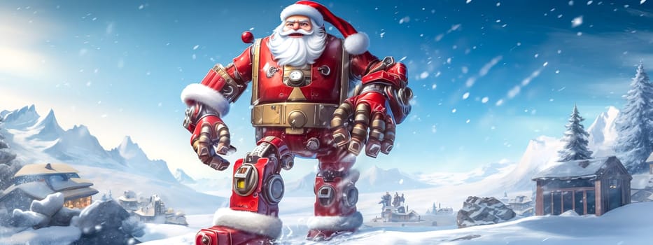 Santa Claus toy in the Christmas winter snowy landscape, banner made with Generative AI. High quality illustration