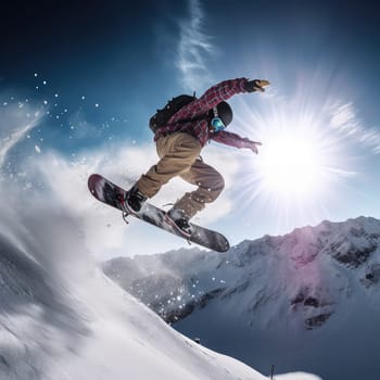 Snowboarder jumping photo realistic illustration - Generative AI. Snow, snowboarder, man, jump, board.