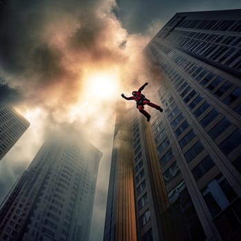 Jumper leaping photo realistic illustration - Generative AI. Jumper, man, sky, building.