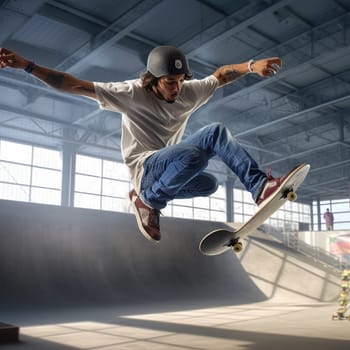 Skateboarder performing a trick photo realistic illustration - Generative AI. Skateboarder, man, board, ramp.