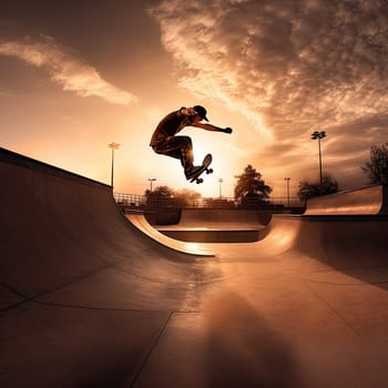 Skateboarder performing a trick photo realistic illustration - Generative AI. Skateboarder, man, board, ramp.