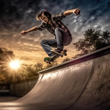 Skateboarder performing a trick photo realistic illustration - Generative AI. Skateboarder, man, board, ramp.