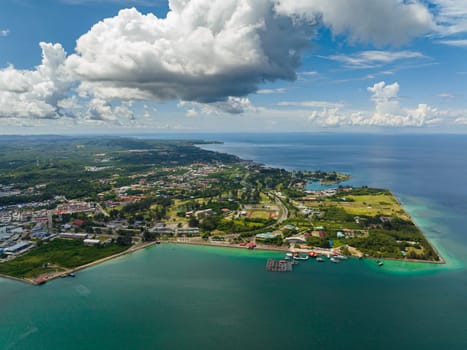 Aerial drone of Kudat city is the capital of the Kudat District in the division of Sabah, Malaysia. Borneo.
