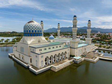 Aerial drone of Bandaraya Kota Kinabalu mosque at Likas Kota Kinabalu, Sabah, Borneo.