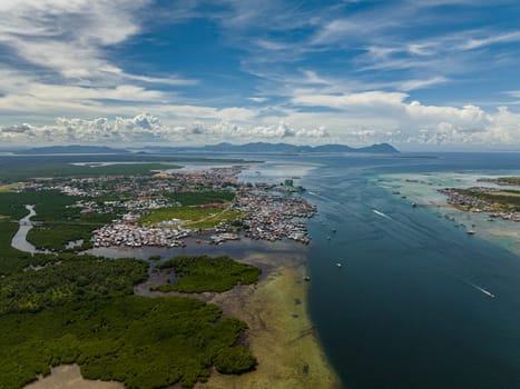 Panorama of the city of Semporna with residential buildings. Borneo, Sabah, Malaysia.