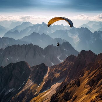 Paraglider soaring photo realistic illustration - Generative AI. Paraglider, man, flying, mountain.