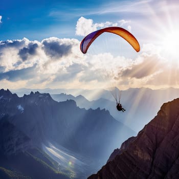 Paraglider soaring photo realistic illustration - Generative AI. Paraglider, man, flying, mountain.