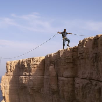 Slackliner balancing on a rope photo realistic illustration - Generative AI. Man, slackliner, rope, cliff, river.