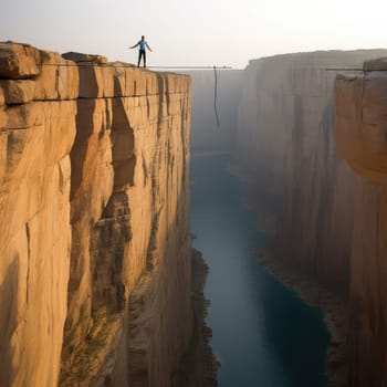 Slackliner balancing on a rope photo realistic illustration - Generative AI. Man, slackliner, rope, cliff, river.