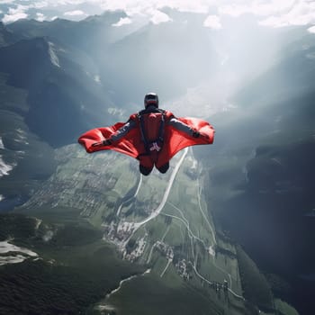 Wingsuit flyer photo realistic illustration - Generative AI. Man, wingsuit, mountain, sky.