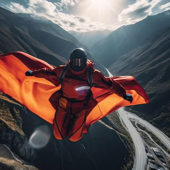 Wingsuit flyer photo realistic illustration - Generative AI. Man, wingsuit, mountain, sky.