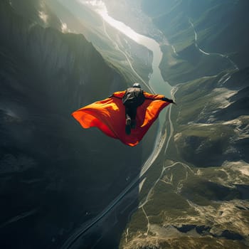 Wingsuit flyer photo realistic illustration - Generative AI. Man, wingsuit, mountain, sky.