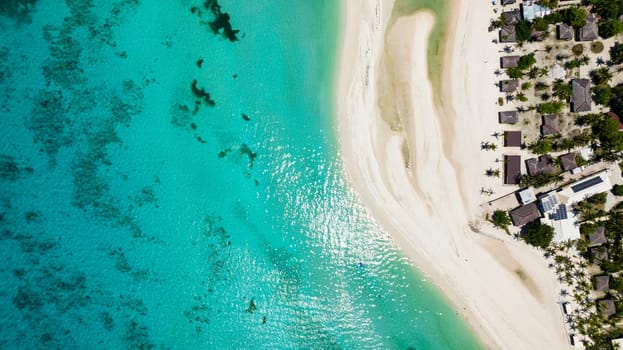 Aerial view of tropical beach and clear turquoise water in the tropics. Bantayan island, Philippines.