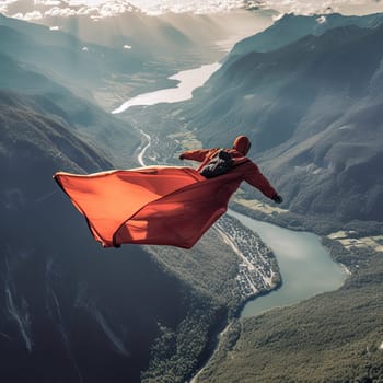 Wingsuit flyer photo realistic illustration - Generative AI. Man, wingsuit, mountain, sky.