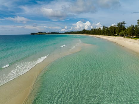 Aerial view of Seascape with tropical sandy beach and blue ocean. Borneo, Malaysia.